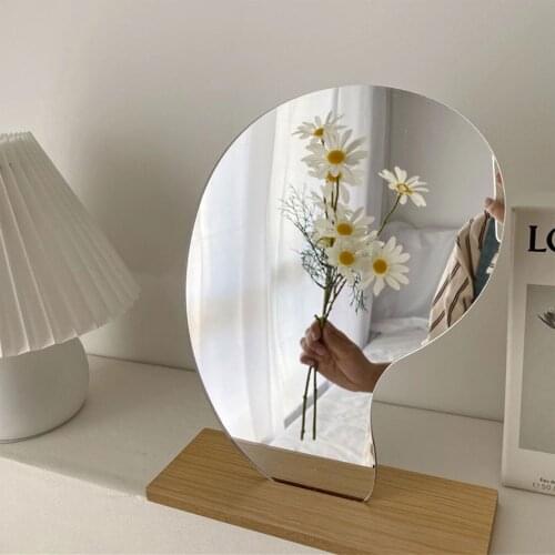 Home Decoration Mirrors Frameless Acrylic Makeup Mirror, Irregular Tabletop Vanity Mirror with Wooden Base for Home Decor