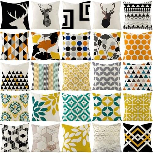 Yellow Geometric Cushion Cover 45X45 Black Letters Pillowcase Striped Decorative Sofa Cushions Nordic Pillow Covers Cotton Linen
