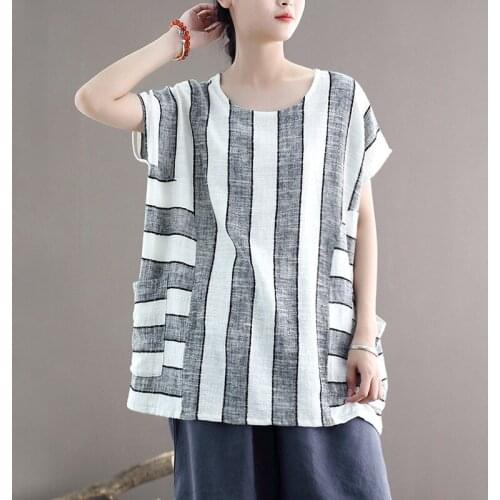 Women Loose Irregular Striped Short Sleeve T-shirt Female Stripe Tops Shirt Female 2021 Tee Shirt