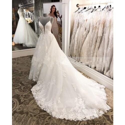 Vestidos De Noiva Elegant Spaghetti Straps White Bride Dress With Lace Appliques Deep V-neck Wedding Dresses Wedding Gowns 2020