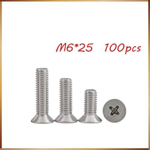 100pcs/Lot GB819 M6x25 mm M6*25 mm 304 Stainless Steel flat head cross Countersunk head screw