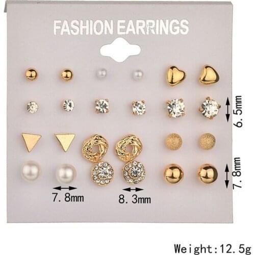 12pair/set Women Stud Earrings Square Crystal Heart Stud Earrings For Girls Piercing Simulated Pearl Flower Earrings