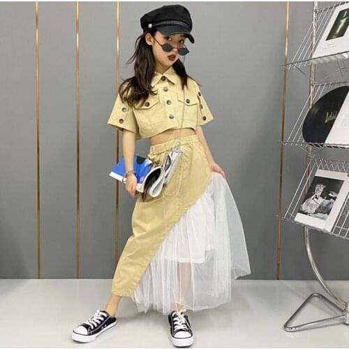 2021 Korea style girls 2 pcs set shirt+patchwork skirt fashion cotton summer girls suit 4-10t B115