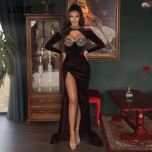 LORIE Arabic Evening Dresses For Women Dubai O-Neck Beaded Long Sleeves Mermaid Prom Gown Velvet Grape Purple Formal Party Dress