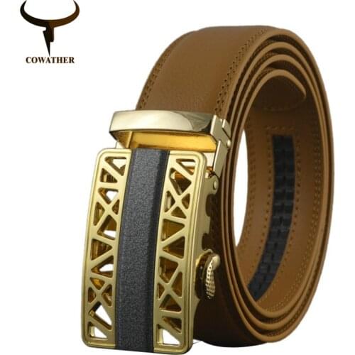COWATHER fashion cow Genuine Leather Waist Strap men Belts for men Automatic Buckle yellow cinturones hombre original brand