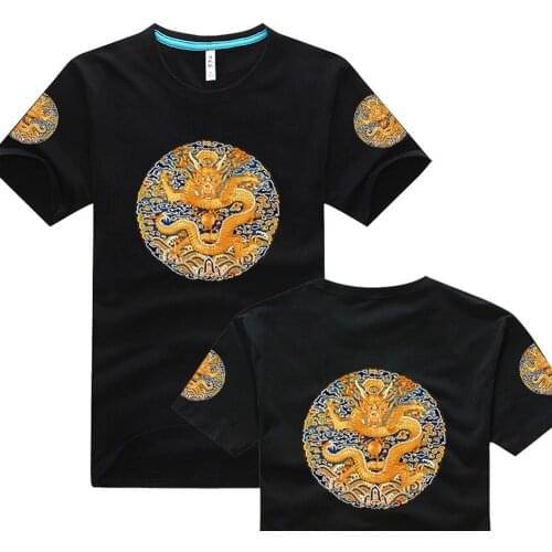 Ethnic style Qing Dynasty Emperor Dragon Robe patchwork pattern printed short sleeve mens and womens T-shirt for lovers