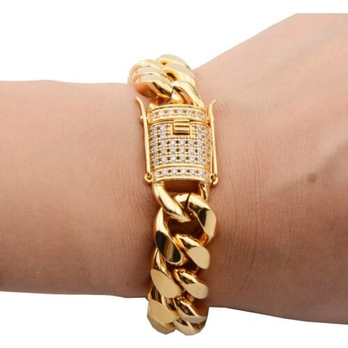 Granny Chic 14mm Mens Bracelet Hip Hop Miami Cuban Link Gold Iced Out Paved Rhinestones Male Wristband Street Jewelry