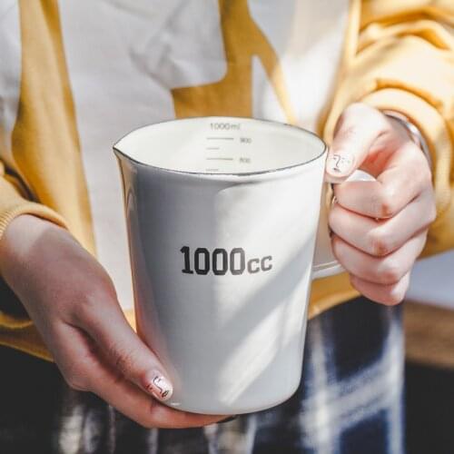 Japanese style porcelain enamel measuring cup scale milk coffee cup tea beer big mug 1000cc