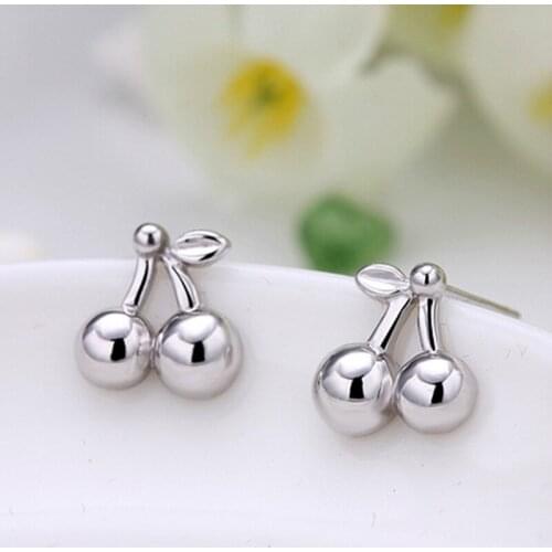 925 Sterling Silver Cherry Stud Earrings For Women Girls Pendientes eh814