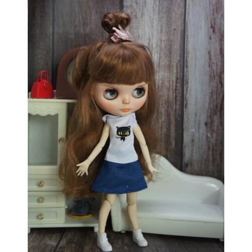 Fashion Doll Clothes Set For Blythe Doll Outfits White Cat Kitty T-shirt Hoodie Denim Skirt Dress For Blyth Dolls Accessories