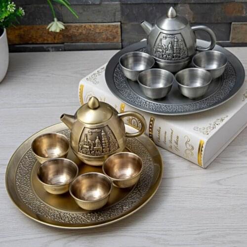 6pieces in 1 set Home Art Gift Decoration Wine Cup Set Tea Pot Metal Kitchen Ware Vintage Castle Carved Drinkware
