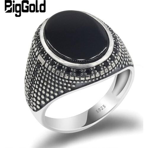 Real 925 Sterling Silver Antique Turkish Men Ring with Black/ Red Natural Onyx Stone Black CZ Ring for Male Fashion 925 Jewelry