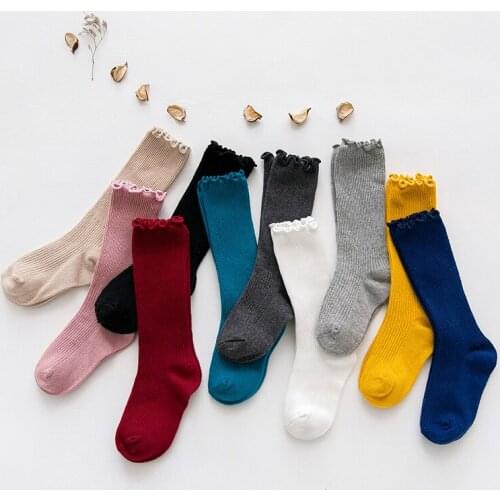 Spring Summer Autumn Baby Girl Knee High Socks 100% Cotton Breathable Frilly Solid Color Socks for Children High Socks for Girls