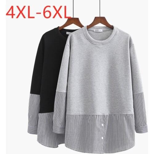 New 2021 Ladies Spring Autumn Plus Size Tops For Women Large Long Sleeve Loose Gray Black Stripe Thick T-shirt 4XL 5XL 6XL