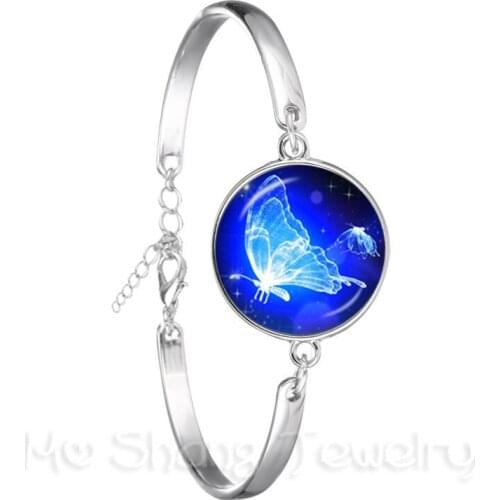 New Beautiful Blue Butterfly Glass Dome Birds Art Picture Glass Cabochon Dome Silver Plated Chain Bracelet For Women Gift