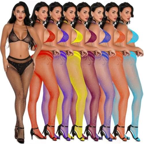 Sexy Women Pantyhose Shiny Fishnet Lingerie Thigh High Stockings Female Slim Hollow Mesh Middle Ring Tights Open Diamonds Tights