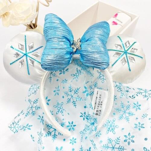 Blue Snow princess Veil Mickey Ears Headband Hair Hoop Wedding Style Headdress Party Headwear Girl Toys Birthday Gift