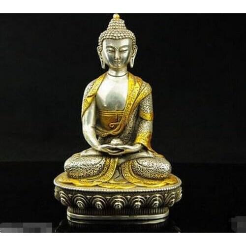 Raro Tíbet plata cobre dorado Budismo Tibetano estatua-Sakyamuni Buda decoración artesanía de metal
