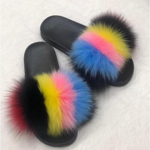 Girls Fur Slides Fashion Summer Fox Hair Slippers Home Kids Furry Flip Flops Comfort EVA Soled Children Real Fox Fur Sandals