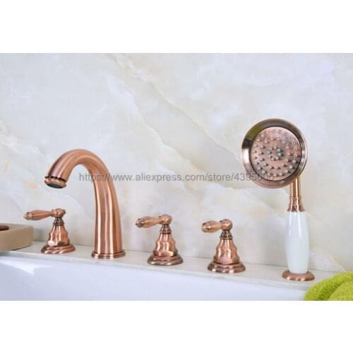 Deck Mounted Widespread Bathtub Faucet 3 Handles Bath Shower Mixers with Handshower 5 Hole Roman Tub Mixer Taps Btf237