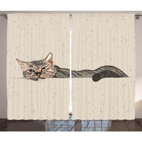 Modern Cat Curtains Laying Animal on Dotted Backdrop Satin Fabric Drapes for Living Room Bedroom 2 Panel Window Set