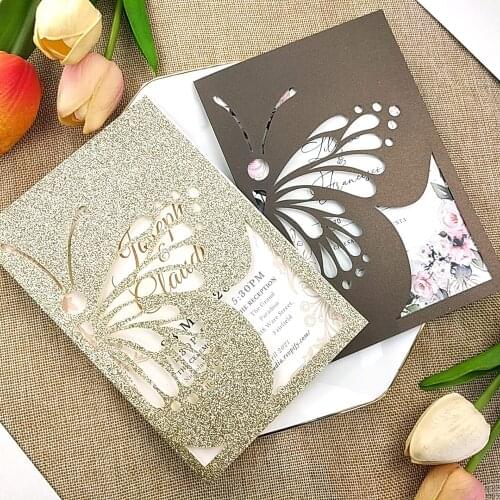 50pc Butterfly Wedding Invitations With Personalized Printing DIY Laser Cut Glitter Cards For Sweet Sixteen Dancing Party