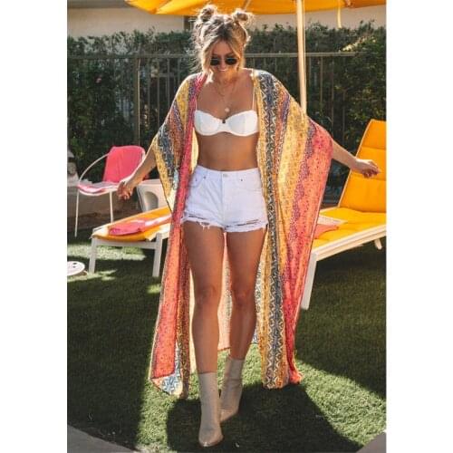 Tunics for beach Long Printed Beach Dress Women Swim de Plage Kaftan Beach Cover up Dresses Cover up Plus Saida de Praia Robe