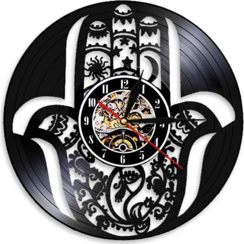 Hamsa Vintage Vinyl Record Wall Clock Home Decor LED Wall Light Mandala Evil Eye Wall Hanging Watch Artwork Protection Amulet