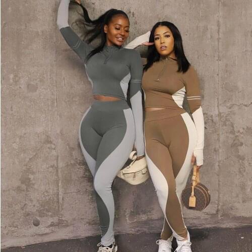 Womens Nightclub Clothes Fashion Stitching Contrast Color Zipper Leisure Sports Fitness Tracksuit