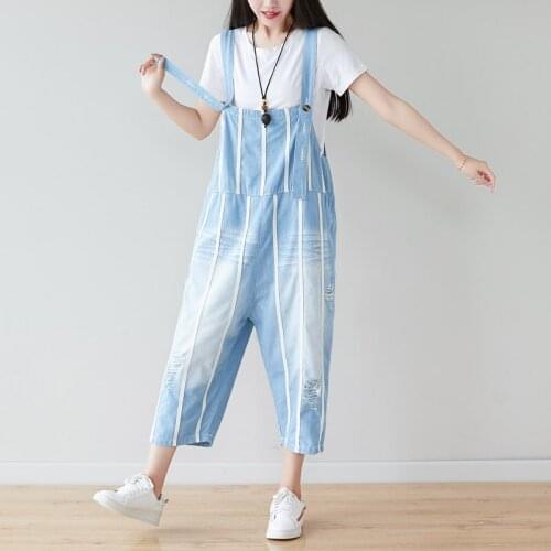 Women Loose Bleached Scratched Ripped Overalls Jumpsuit Ladies Holes Striped Rompers Female 2019 Summer Calf Length Jumpsuits