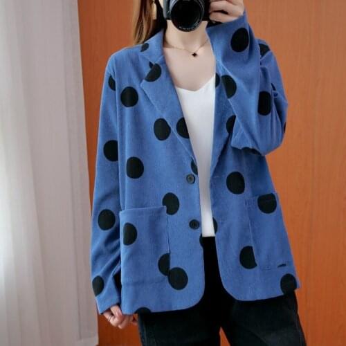 Women Casual Baggy Blazers 2020 Autumn Coat Jackets Vintage Polka Dot Pocket Linen Suit Blazer Outwear Chinese Ladies Tops 11438