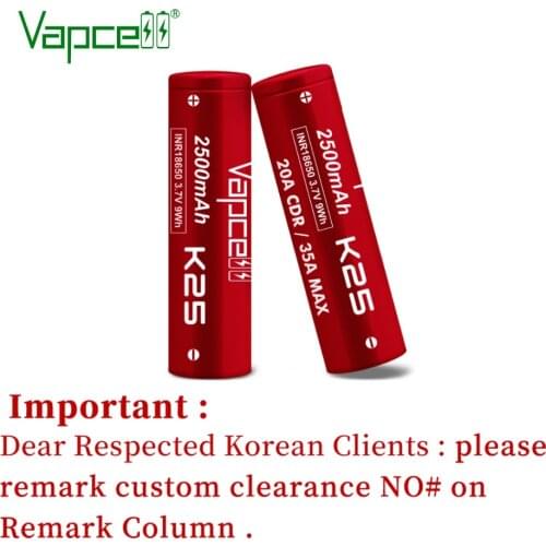 Vapcell original INR18650 2500mah 20A K25 3.7V Li ion rechargeable high power 18650 battery for Power tools flashlight batteries