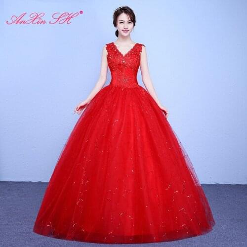 AXJFU luxury flower lace red wedding dress party turkey princess v neck beading crystal ball gown white wedding dress