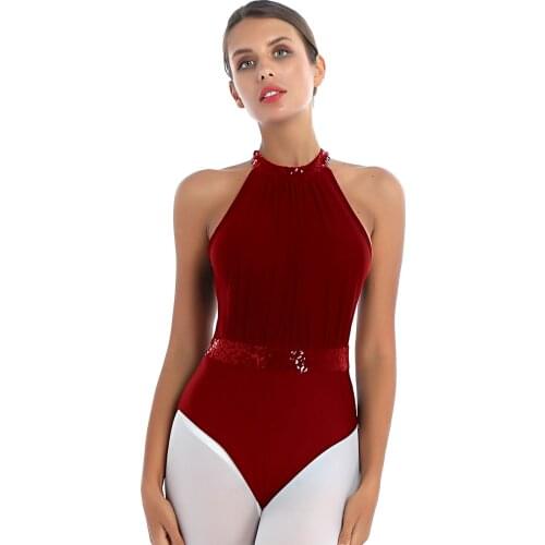Ballet Leotard Sleeveless Dance Wear Women Halter Bodysuit Sequin Waist Ice Skating Leotard Ballet Contemporary Dance Costume