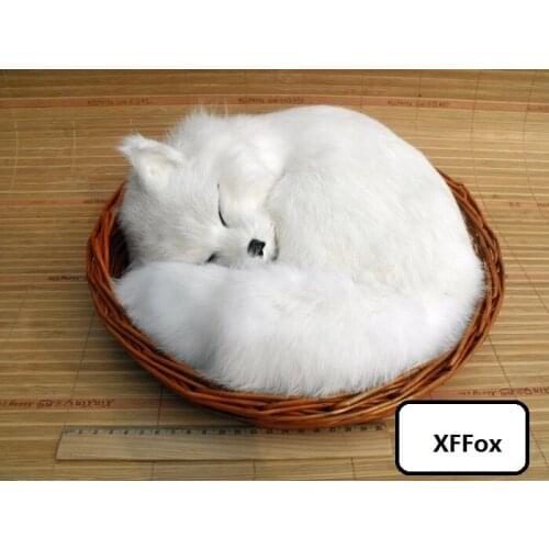 Big real life sleeping fox model plastic&furs simulation white fox doll in a basket gift about 28x28cm xf1796