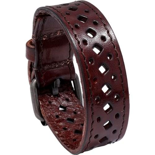 Men Genuine Leather Bracelet Bangle Wide Cuff Cowhide Bracelets Wristband Male Vintage Punk Hollow Out Design Jewelry Gifts