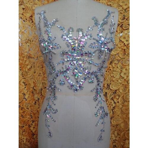 Pure hand made clear AB colour sew on Rhinestones applique crystals patches 49*31cm dress accessory