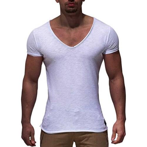 Slim Fit Solid Color Tops Tees Shirt Man Casual T Shirt Men Thin Style Summer Short Sleeve Mens T-Shirts Fashion V-Neck