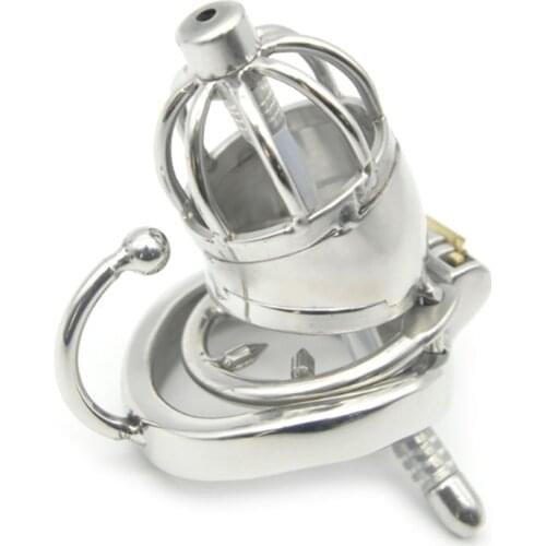 Stainless Steel lock Cage Penile Lock Anti-off Ring Urethral Catheter Male Chastity Device Curved Snap Ring with Hook