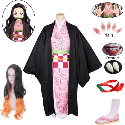 Anime Demon Slayer Kimetsu no Yaiba Kamado Nezuko Full Cosplay Including Shoes Wig Tooth Mouth Stick Adult Woman Cosplay Costume