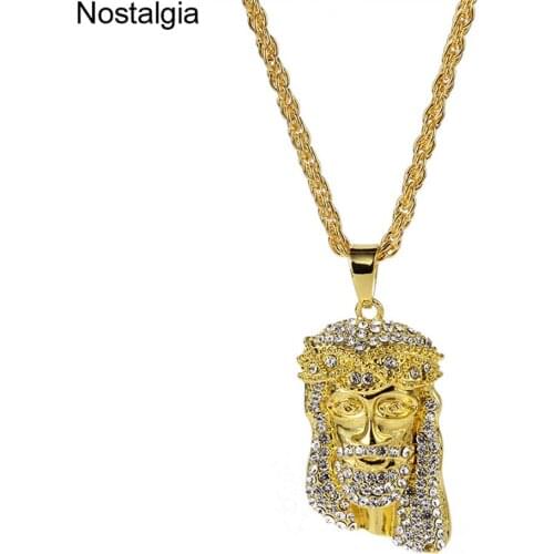Nostalgia Jesus Head Pendant Zinc Alloy Metal With Bling Rhinestone Hip Hop Necklace Crystal Religious Christian Jewelry