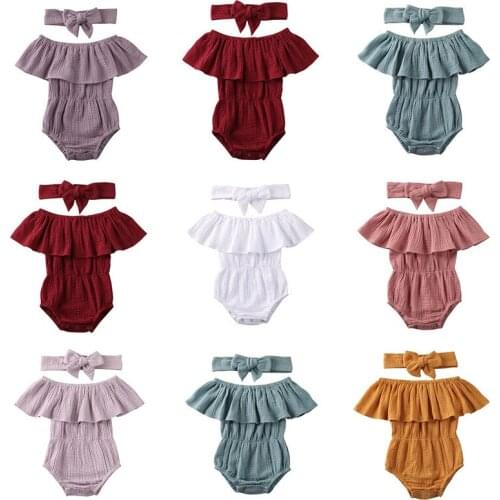 Summer Baby Girls Cotton Rompers Kid Ruffle Off Shoulder Tops Solid Jumpsuit Headband Outfit Cotton Linen Baby Girl Clothes