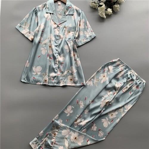 Summer Satin Printing Pattern Women Pajama Set Rayon Sleepwear Short Sleeve Long Trousers Two Paper Suit Home Clothes