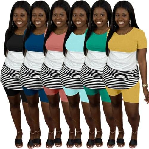 Summer Women Plus Size Striped Splicing Two Piece Set Tracksuit Outfits Biker Shorts Sweatsuit Loungewear Matching Sets