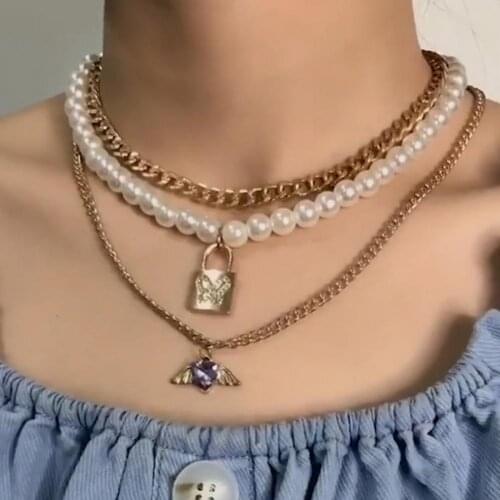 HOT Purple Angel Wing Butterfly Lock Shaped Pendant Necklace Fashion Jewelry Lady Simulates Pearl Thickness Multilayer Chain