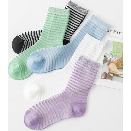 1 Pair Fashion Stripe Short Lace Socks Summer Women Breathable Ultra-thin Transparent Sock Black Sheer Glass Silk Nylon Socks