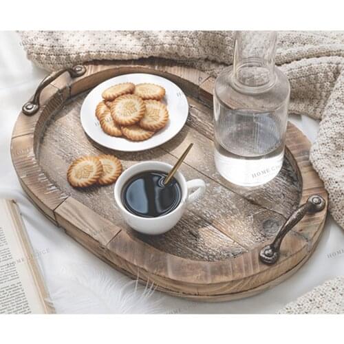 Oval Retro Wooden Tray with Handle Old Portable Wood Pan Plate Photography Props Home Decor Kitchen Decoration Serving Tray