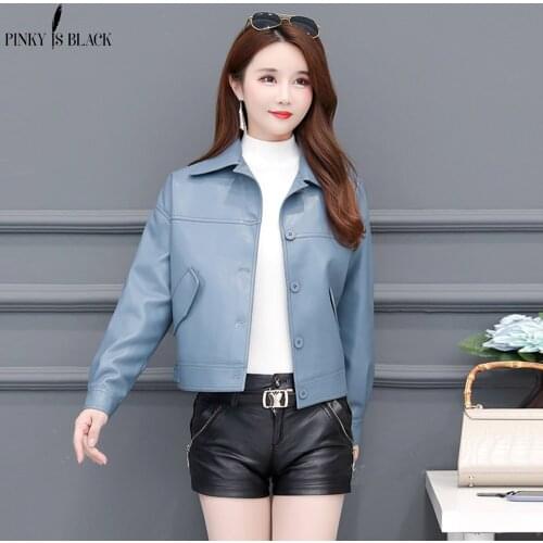 PinkyIsBlack New Women Spring Autumn PU Leather Jacket Casual Single Button Motor Biker Faux Leather Jacket Female Basic Coat