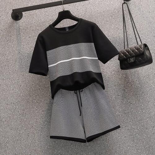 Plus size Tracksuit Women Loose Knitted Color contrast Pullover Womens Top and High waist Wide leg Shorts Suits Knitwear Suits