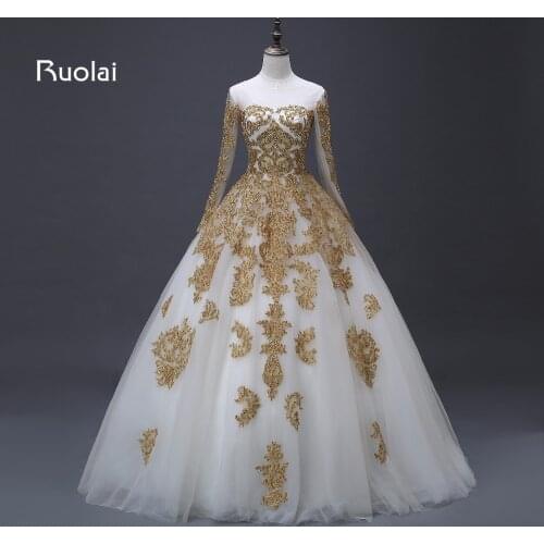 Luxury Dubai Wedding Dresses 2019 Tulle Long Sleeves Golden Applique Beaded Arabic Ball Gown Bridal Robe de Mariage ASAFN65